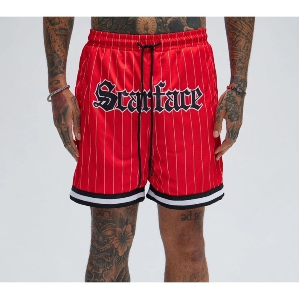 REASON‎ Scarface Mesh Pinstripe Shorts Red Black Men's Size XL *NEW* $49